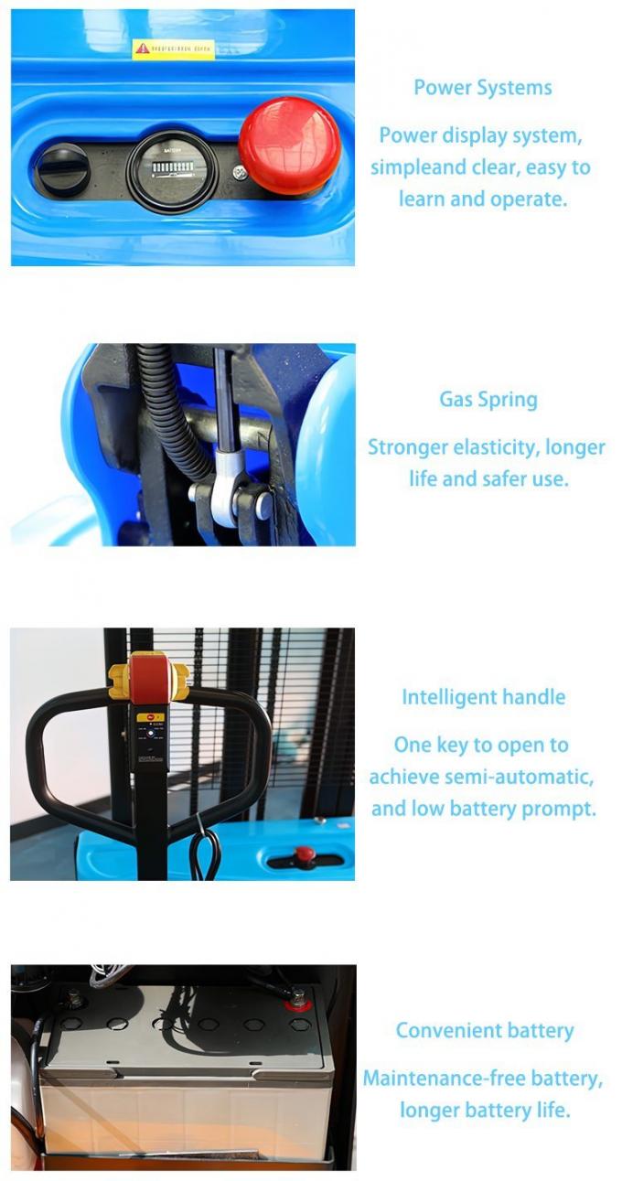 Inteligente Semi Electric Stacker Capacidad de 1,5 toneladas, Walkie Pallet Stacker eléctrico, accionado por batería 1