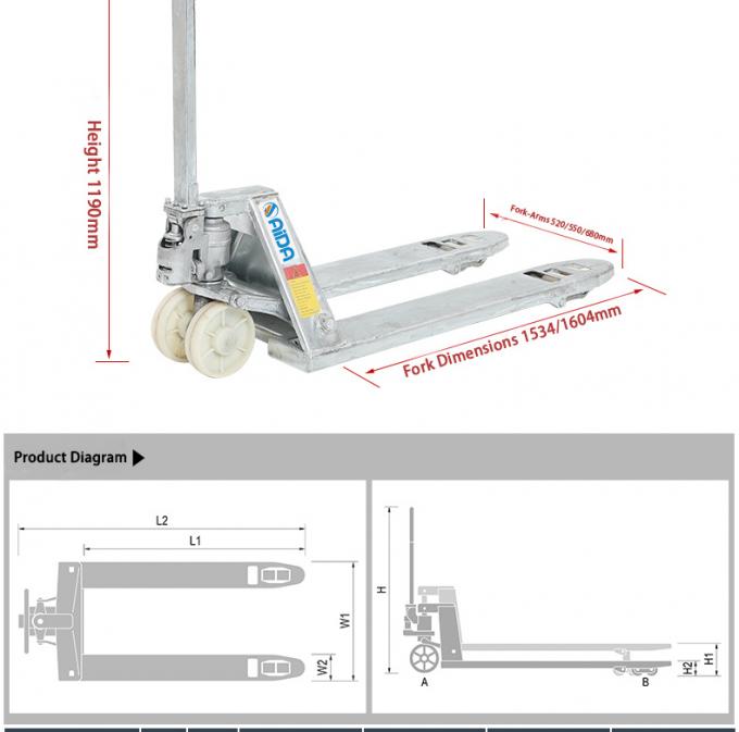 Camión de paletas manual de acero inoxidable galvanizado de 550 mm con capacidad de carga de 1 a 5 toneladas 1